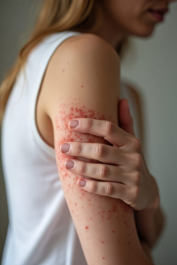 Woman holding her upper arm, which is covered in a red, bumpy rash