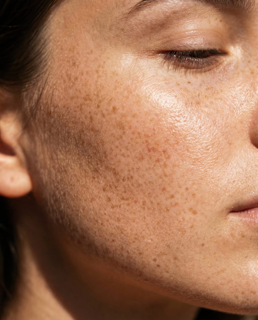 Close-up of brown spots and uneven pigmentation on a woman's cheek