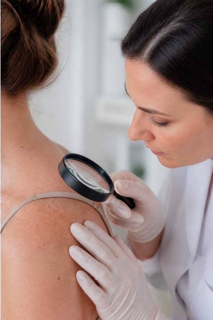Provider examining a woman's shoulder with a magnifying glass